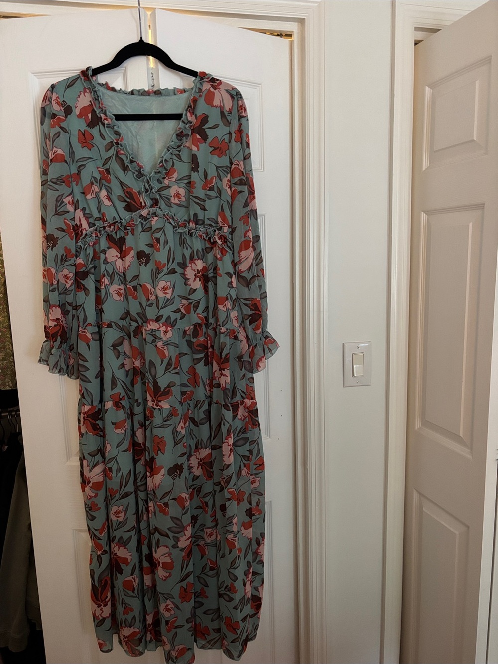 Floral V-Neck Long Sleeve Maxi Dress in Sage and Coral